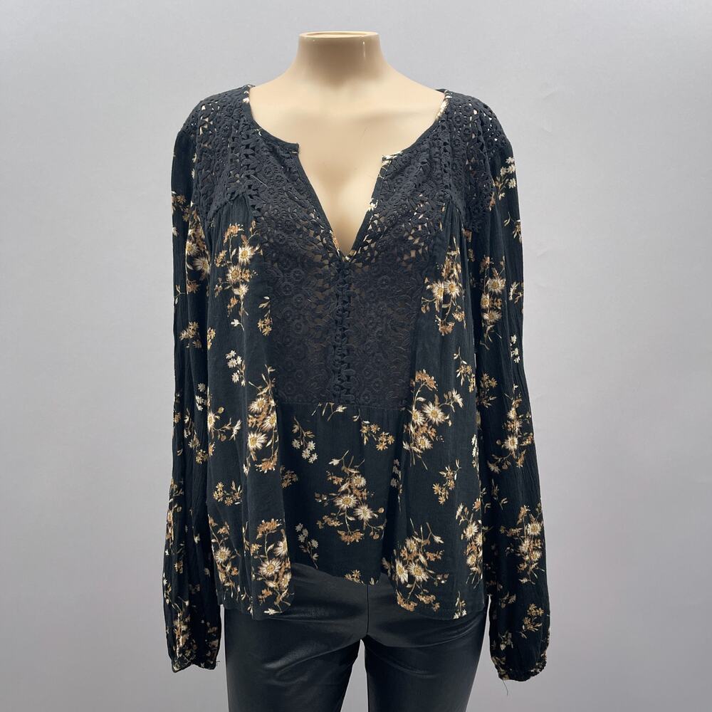 Denim & Supply Ralph Lauren Top Women L Black Floral Lace Cottage Prairie Hi-Low